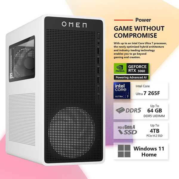 HP OMEN 16L GAMING DESKTOP | INTEL ULTRA 7-265F 2.4GHz | NVIDIA GEFORCE RTX 5060 Ti 16GB DEDICATED GRAPHICS | 32GB DDR5-5600 MHz (2 X 16GB) | 1TB SSD  | WIFI | BLUETOOTH | WINDOWS 11 PRO