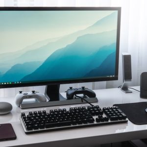 Computer monitor and keyboard desk setup